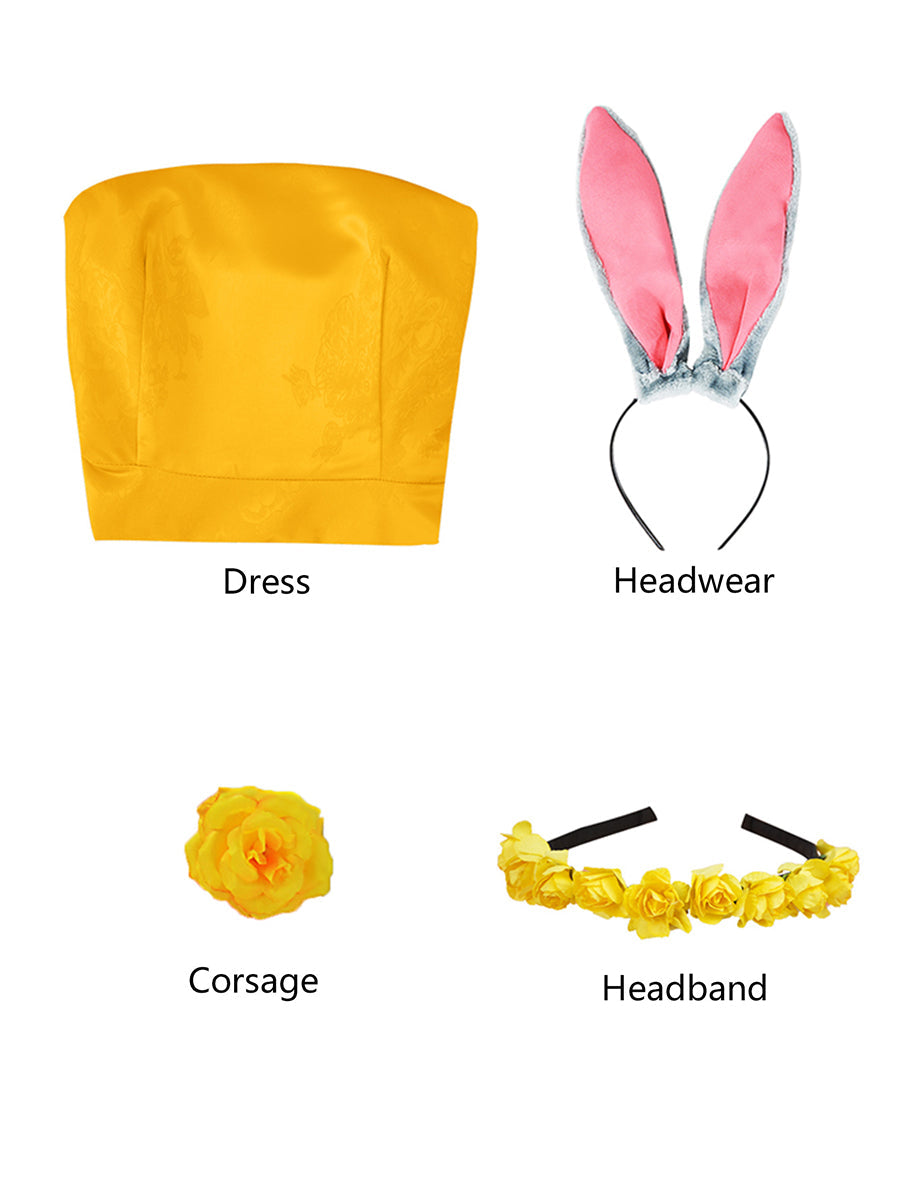 Yellow Bunny-Inspired One Shoulder Dress with Headwear