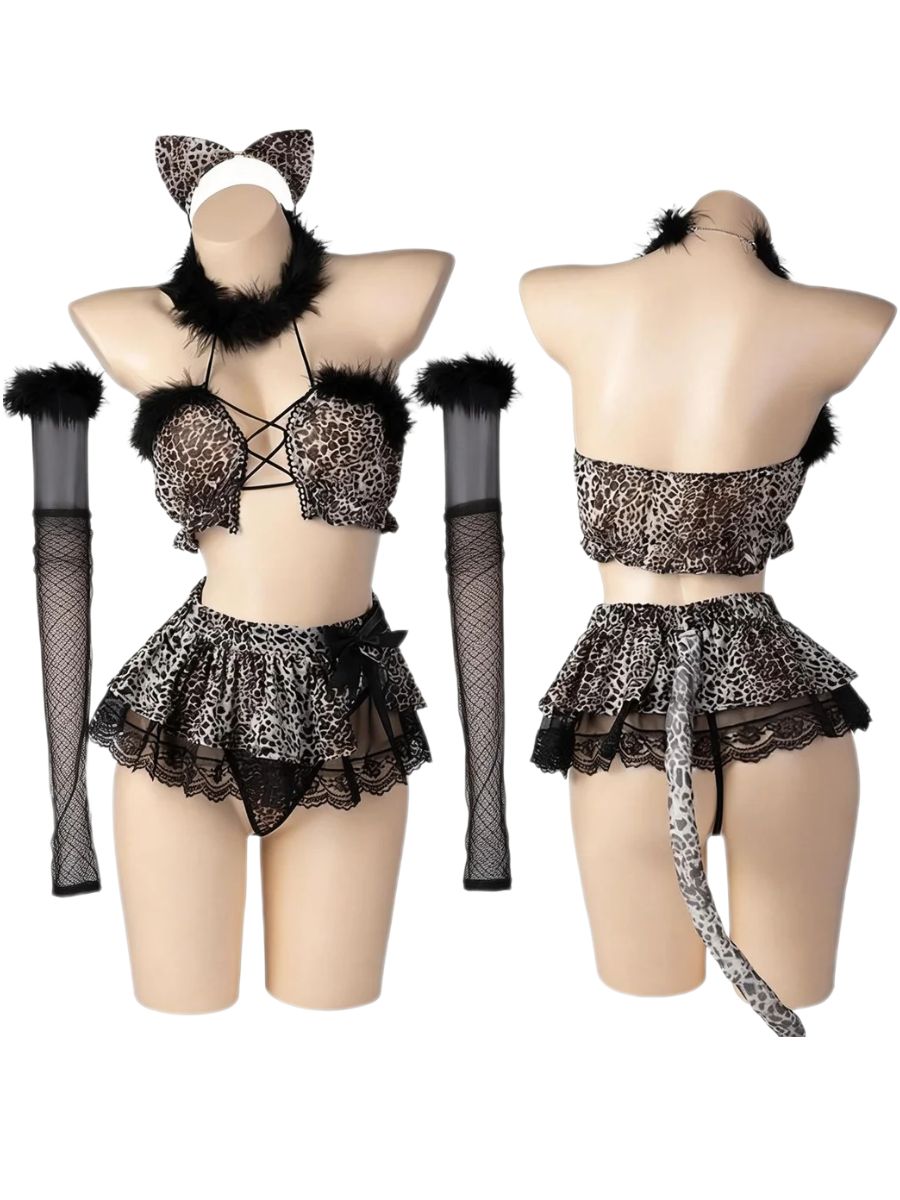 Sexy Leopard Print Cat Cosplay Lingerie Set