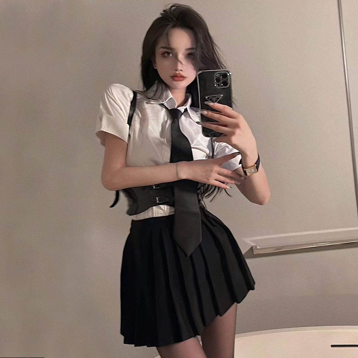 Classic White Shirt with Skirt and Waist Cincher