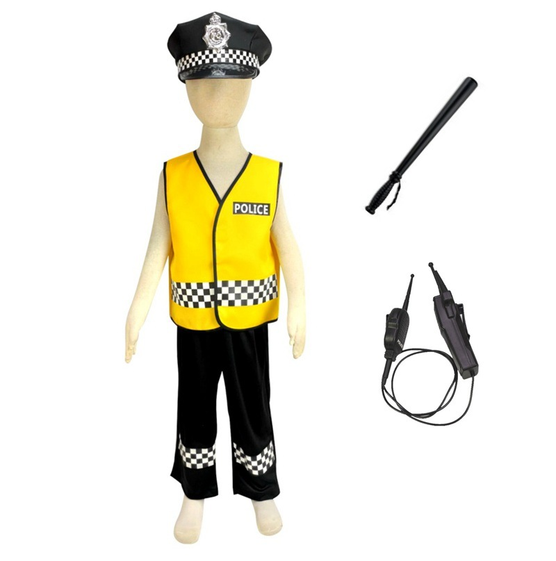 Police Costume for Kids – Yellow Vest, Checkered Accents, and Hat with Accessories