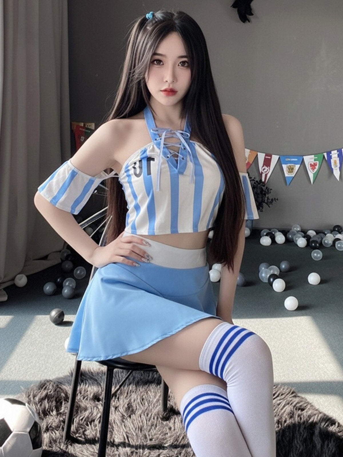 Sexy Cheerleader Costume Lace Up V Neck Football Girl Cosplay Outfit for Adult