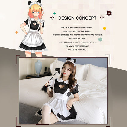 French Maid Uniform Cat Cosplay Lingerie Costume Cute Keyhole Nightwear Babydoll