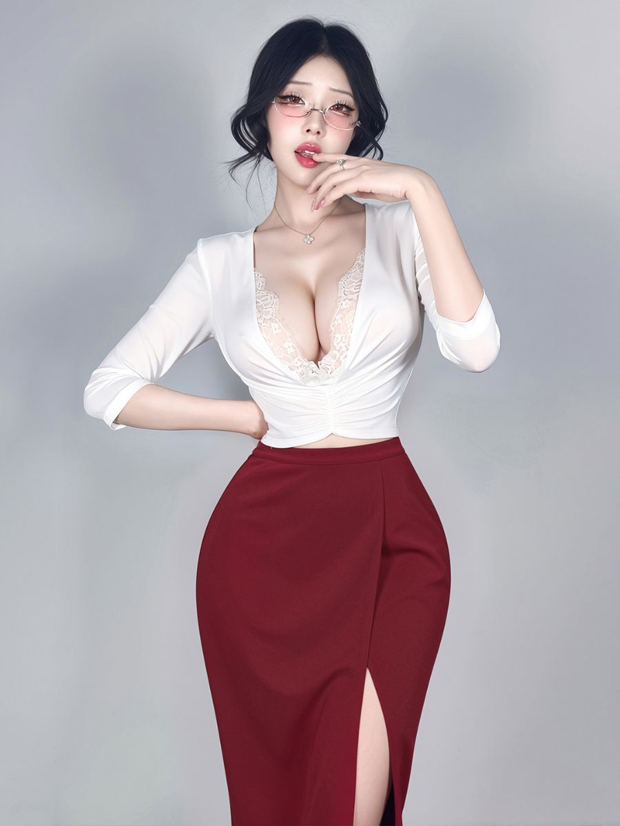 Sexy Office Lady Secretary Cosplay Costume WHite Lace Trim Plunge Top and High Slit Skirt Set 