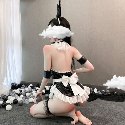 Sexy Bunny Anime Lingerie Patent Leather One-piece Apron Backless Maid Cosplay Uniform