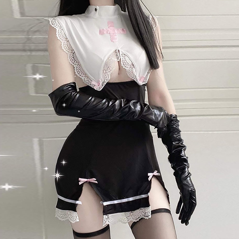 Naughty Maid Outfit Sexy Nun Cosplay Costume Lace Babydoll High Slit Bodycon Dress