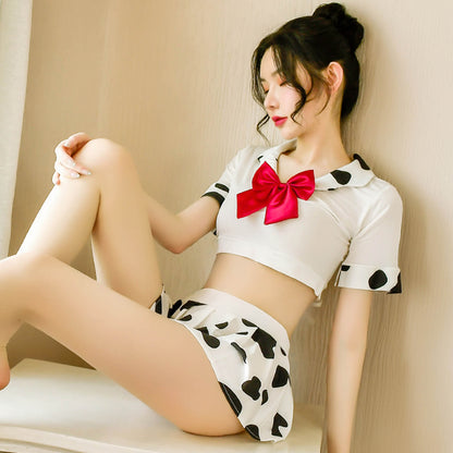 Sexy Adult Cow Costume Sweet Cow Print Schoolgirl Lingerie Japanese Lolita Anime Outfit