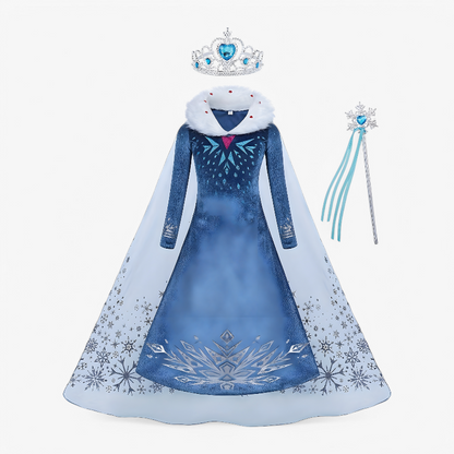 Enchanting Princess Costume for Children – Snowflake Print with Fur Collar, Crown, and Star Wand