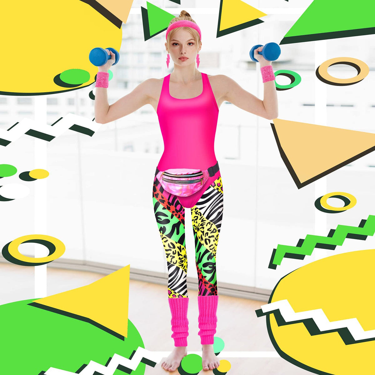 Women's 80s Workout Costume 7 Pcs 80s 90s Leotard Legging Headband Wristbands Leg Warmers Earrings Fanny Pack 80s Retro Party Outfits