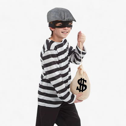 Thief Costume for Children – Includes Top, Bag, Hat, and Mask