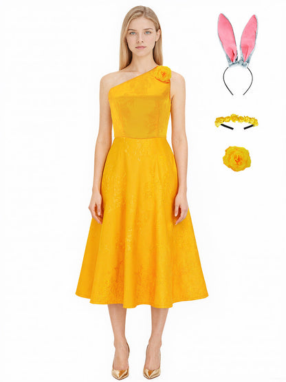 Yellow Bunny-Inspired One Shoulder Dress with Headwear