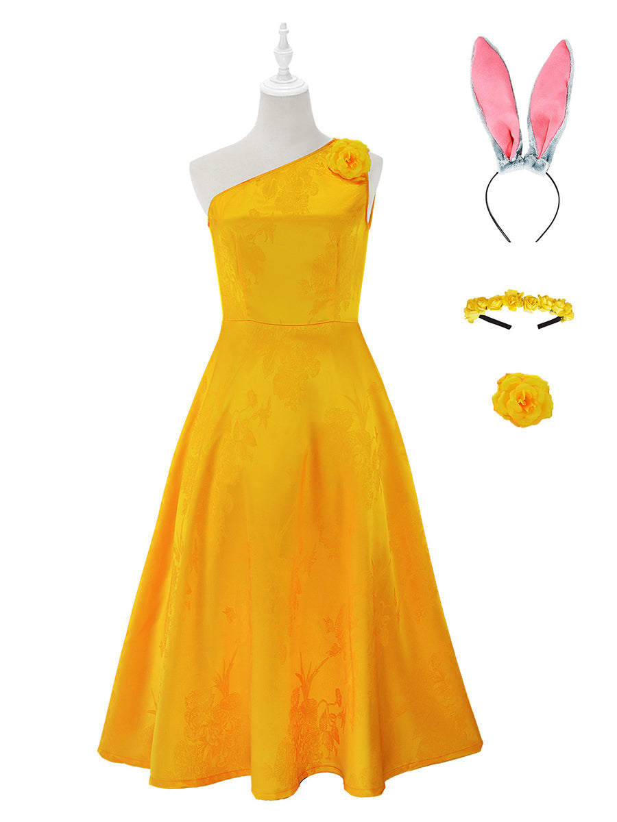 Yellow Bunny-Inspired One Shoulder Dress with Headwear