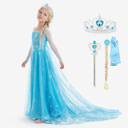 Enchanting Elsa Princess Costume for Kids – Complete with Tiara, Magic Wand, and Gloves