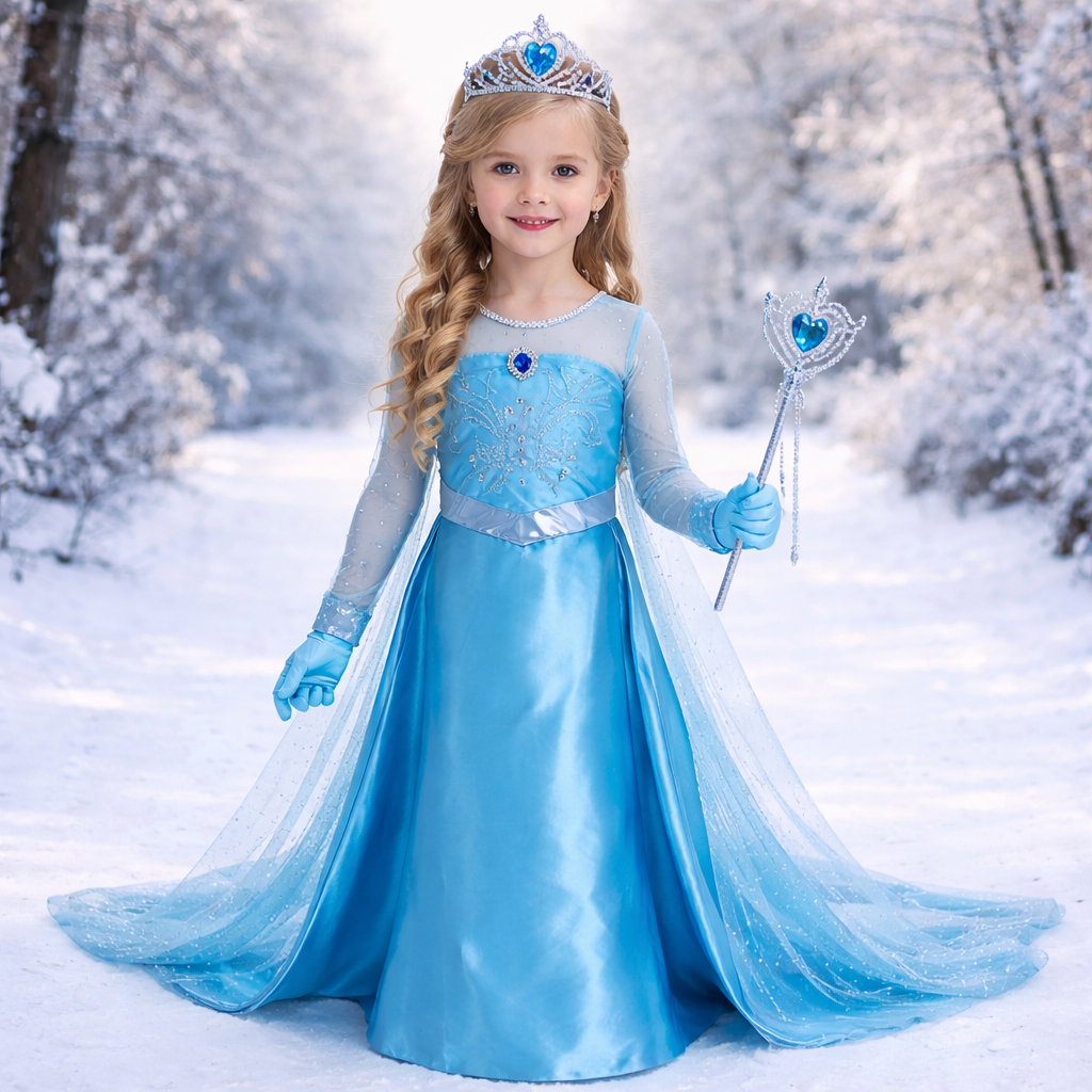 Enchanting Elsa Princess Costume for Kids – Complete with Tiara, Magic Wand, and Gloves