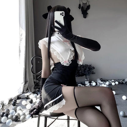 Naughty Maid Outfit Sexy Nun Cosplay Costume Lace Babydoll High Slit Bodycon Dress