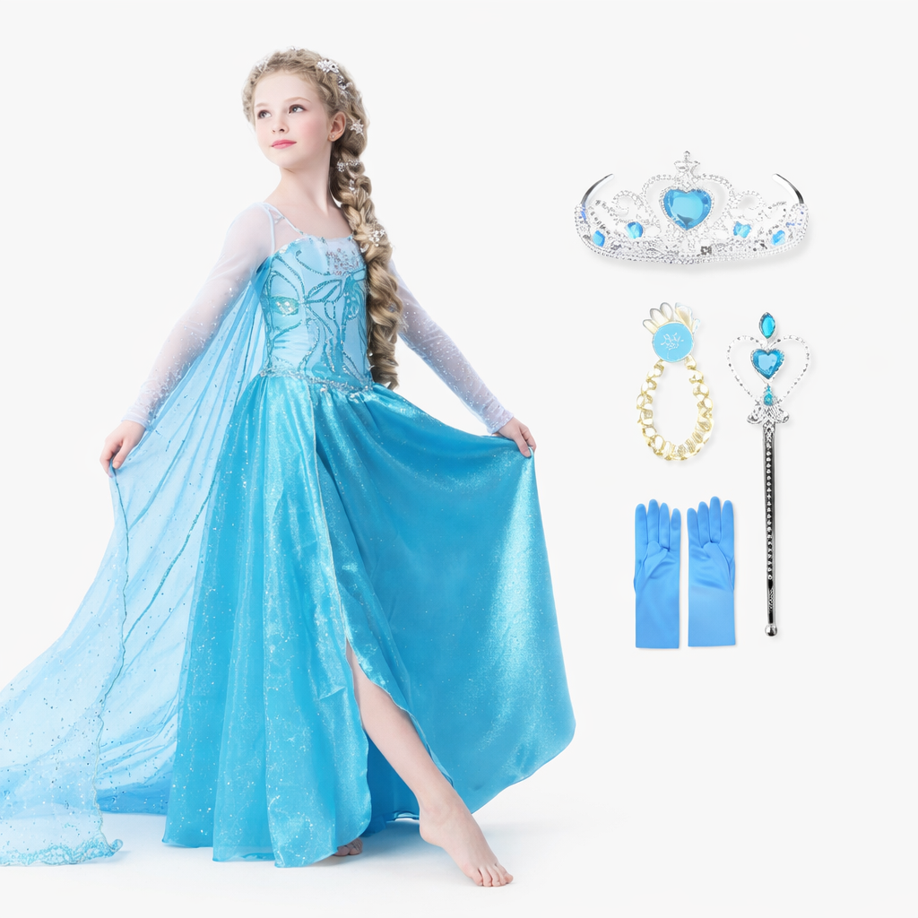 Enchanting Elsa Princess Costume for Kids – Complete with Tiara, Magic Wand, and Gloves