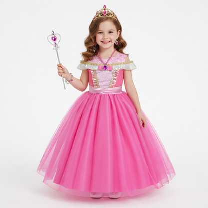 Rose-Pink Princess Outfit for Girls – Includes Crown and Accessories