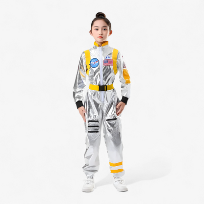 Astronaut Costume for Kids – Shiny Silver Jumpsuit with NASA Logo