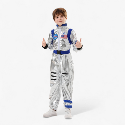 Astronaut Costume for Kids – Shiny Silver Jumpsuit with NASA Logo