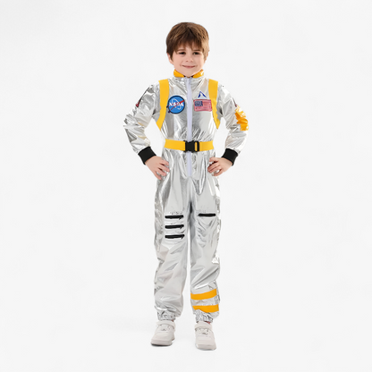 Astronaut Costume for Kids – Shiny Silver Jumpsuit with NASA Logo