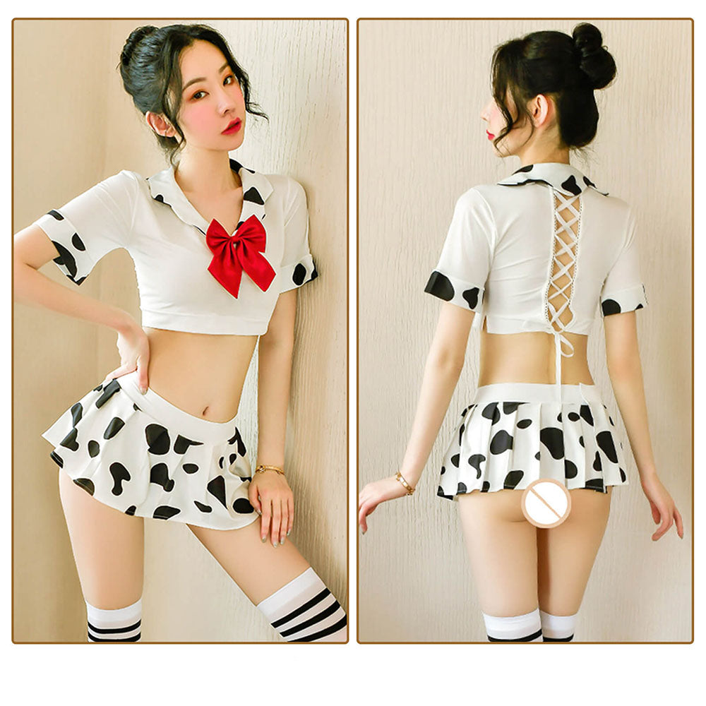Sexy Adult Cow Costume Sweet Cow Print Schoolgirl Lingerie Japanese Lolita Anime Outfit