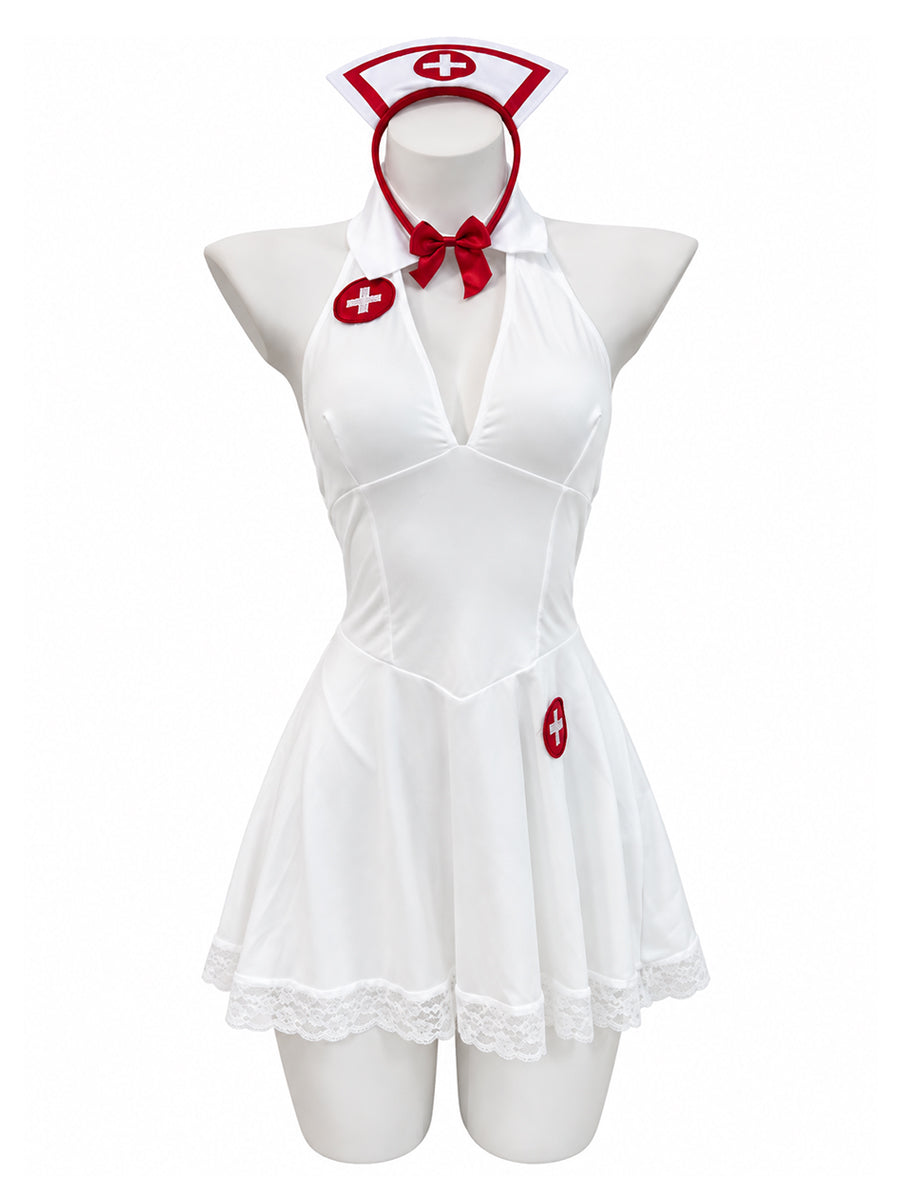 Playful Nurse Deep V Halter Dress