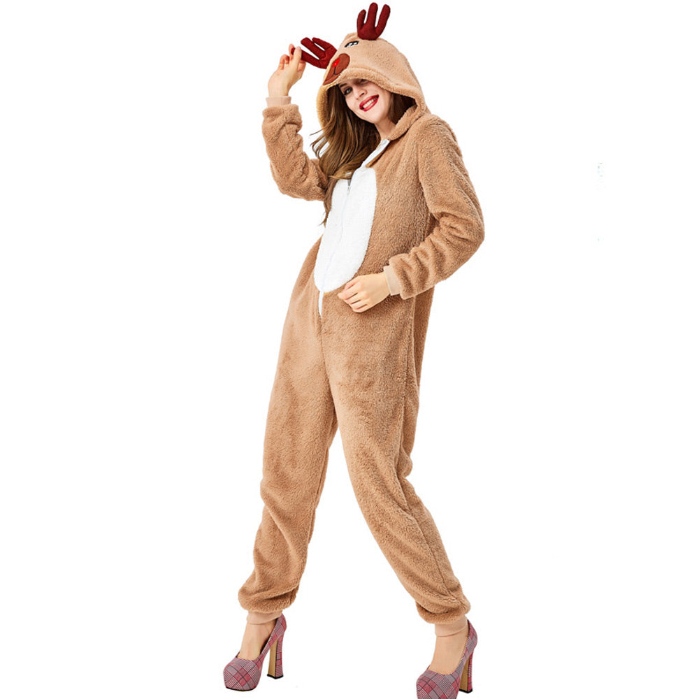 Adult Reindeer Onesie Pajamas Women's Christmas Deer Costume Animal Fleece Sleepwear Jumpsuit