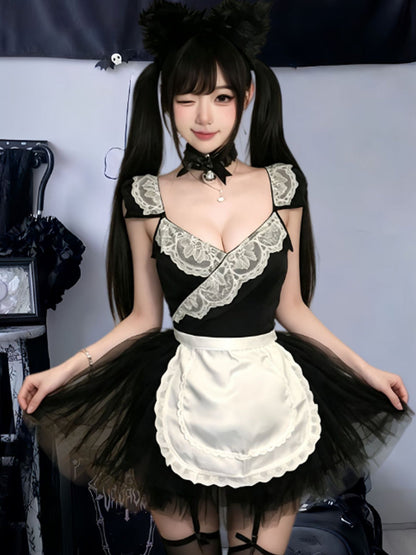 Sexy French Maid Cosplay Lingerie Cat Maid Roleplay Bodysuit with Ruffled White Apron and Tutu Skirt