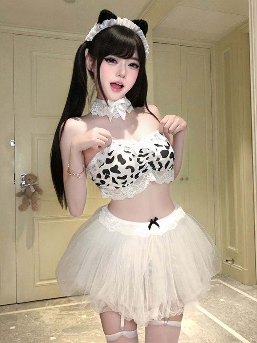 Cute Cow Girl Cosplay Costume Set Cow Print Bandeau Crop Top with Tulle Tutu Skirt