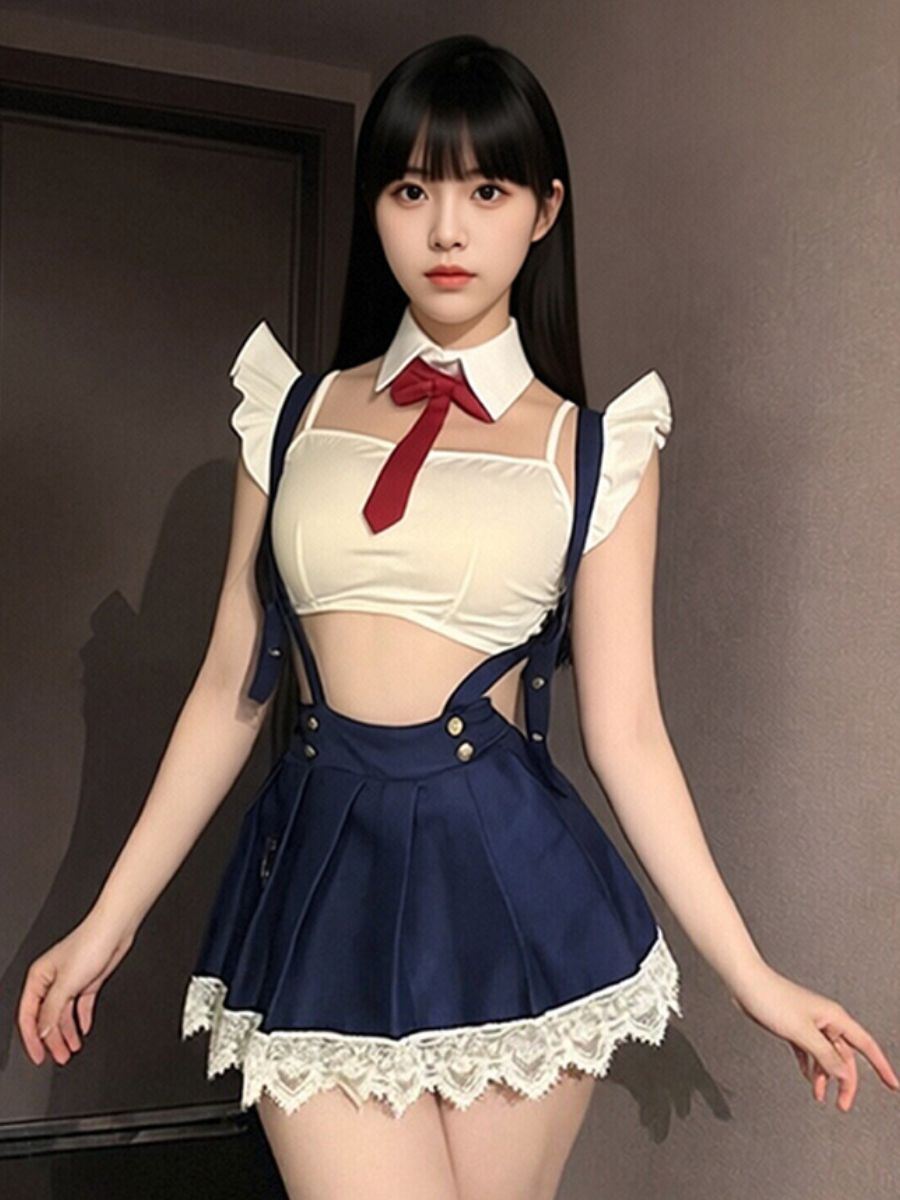 Anime School Girl Costume Japanese White Crop Top and Navy Blue Pleated Suspender Skirt Set