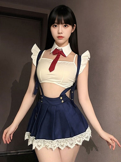 Anime School Girl Costume Japanese White Crop Top and Navy Blue Pleated Suspender Skirt Set