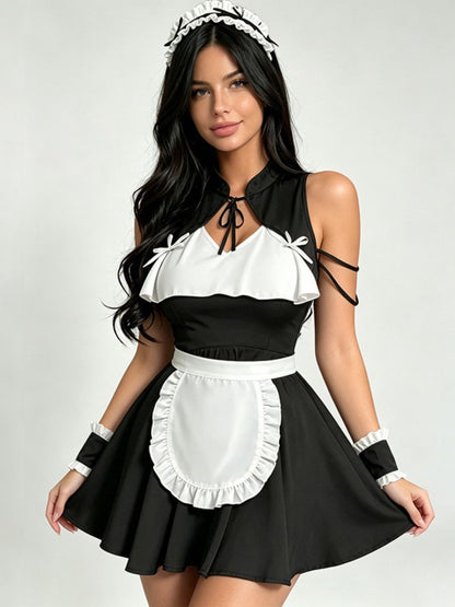 French Maid Cosplay Costume Black Sleeveless A-Line Mini Dress 