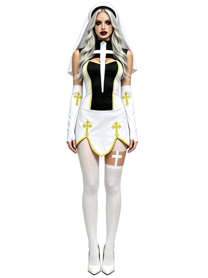 Anime Holy Sister Nun Uniform Costume Sleeveless Cross Cutout Mini Dress Set 