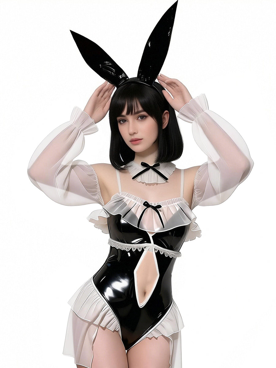 Kawaii Bunny Girl Cosplay Set Anime PU Leather Bodysuit with Ruffled Chiffon Sleeves 