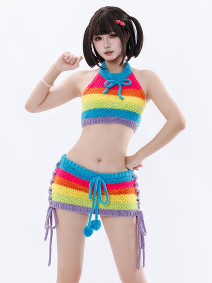 Anime Rainbow Crochet Cosplay Set Sexy Knit Halter Top and Lace-Up Mini Skirt