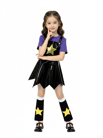 Poppy Playtime Lily Lovebraids Cosplay Costume Black PU Leather Star Pinafore Dress Set