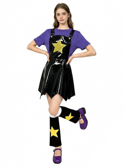Poppy Playtime Lily Lovebraids Cosplay Costume Black PU Leather Star Pinafore Dress Set