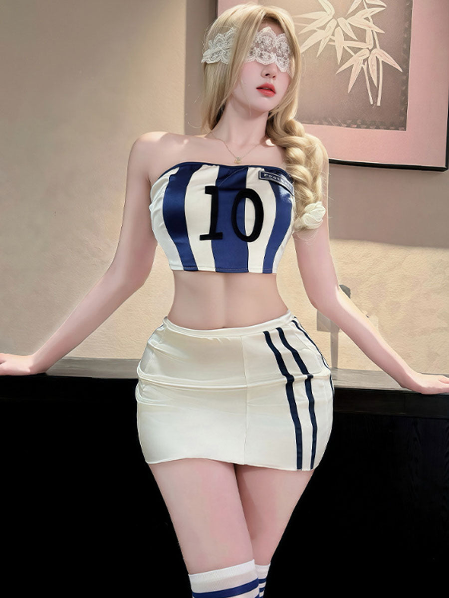 Athletic Jersey Two Piece Sporty Costume Cheerleader Striped Bandeau Top and Mini Skirt 