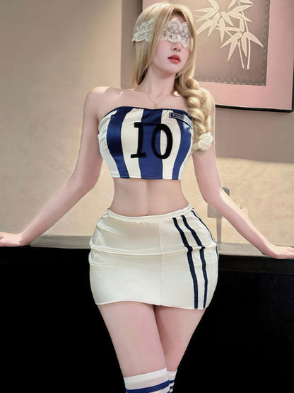 Athletic Jersey Two Piece Sporty Costume Cheerleader Striped Bandeau Top and Mini Skirt 