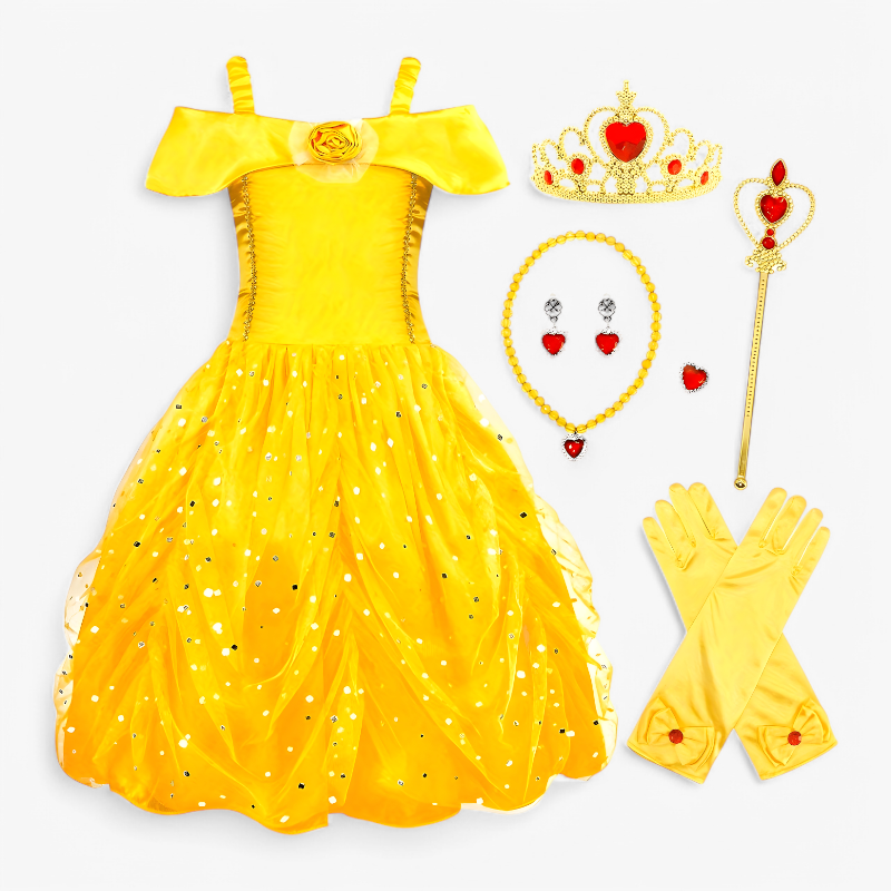 Golden Princess Dress with Accessories for Girls – Includes Tiara, Magic Wand, Jewelry, and Gloves