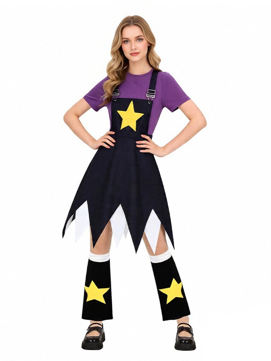 Poppy Playtime Lily Lovebraids Cosplay Costume Purple T-Shirt and Jagged Suspender Skirt Set