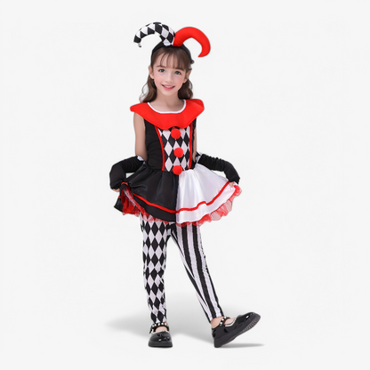 Mini Clown Costume for Girls – Includes Hat, Gloves, and Leggings