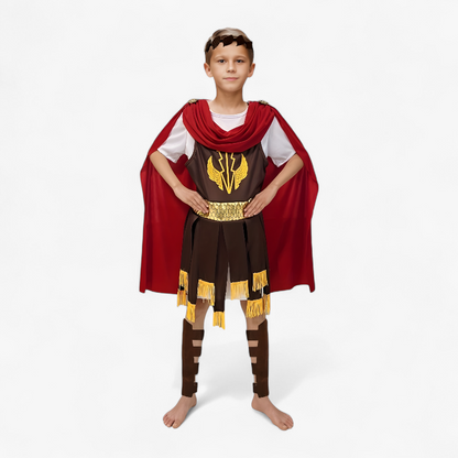 Roman General Costume for Children – Includes Headpiece, Cape, and Leg Guards
