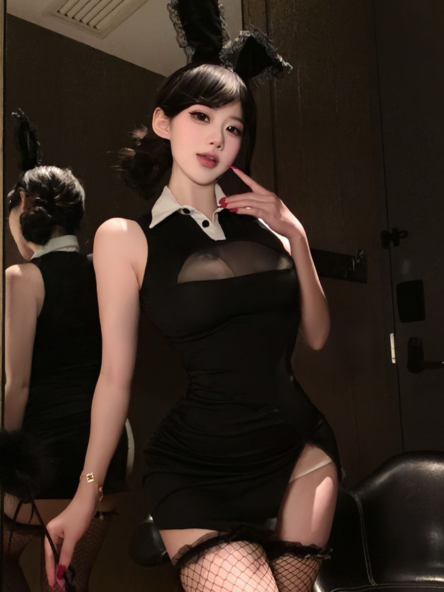 Sexy Black Bunny Girl Cosplay Set Collared Keyhole Mini Dress with Lace Ears Headband
