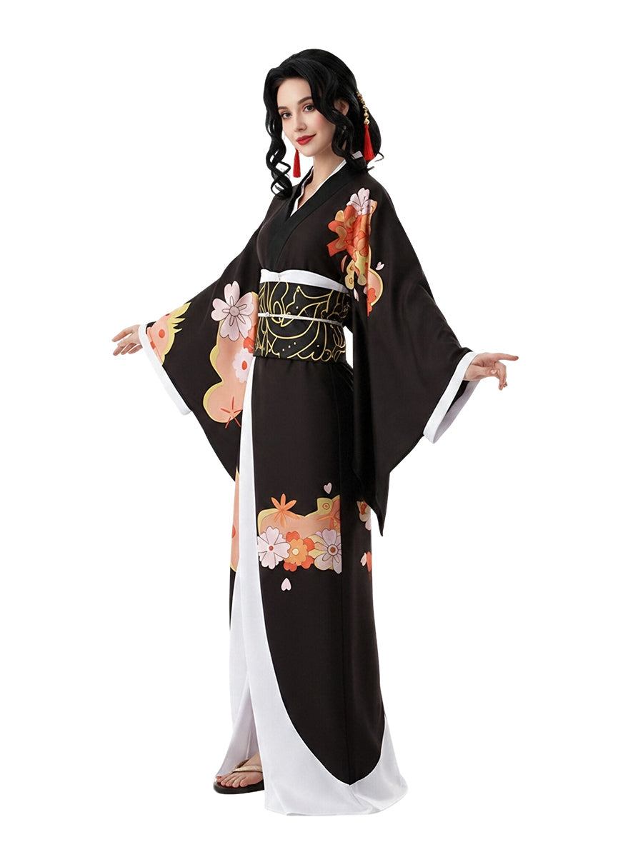 Black Floral Print Kimono Costume