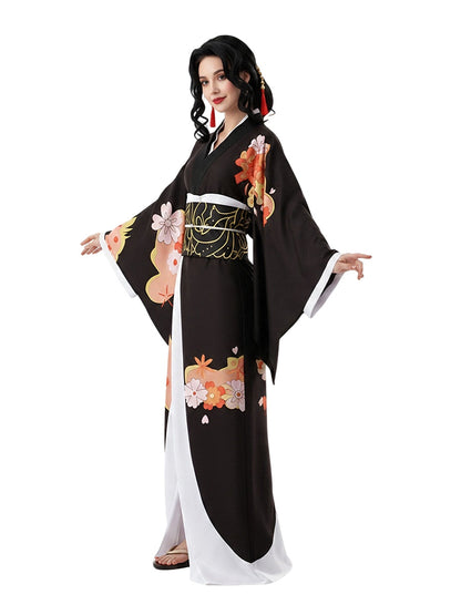 Black Floral Print Kimono Costume