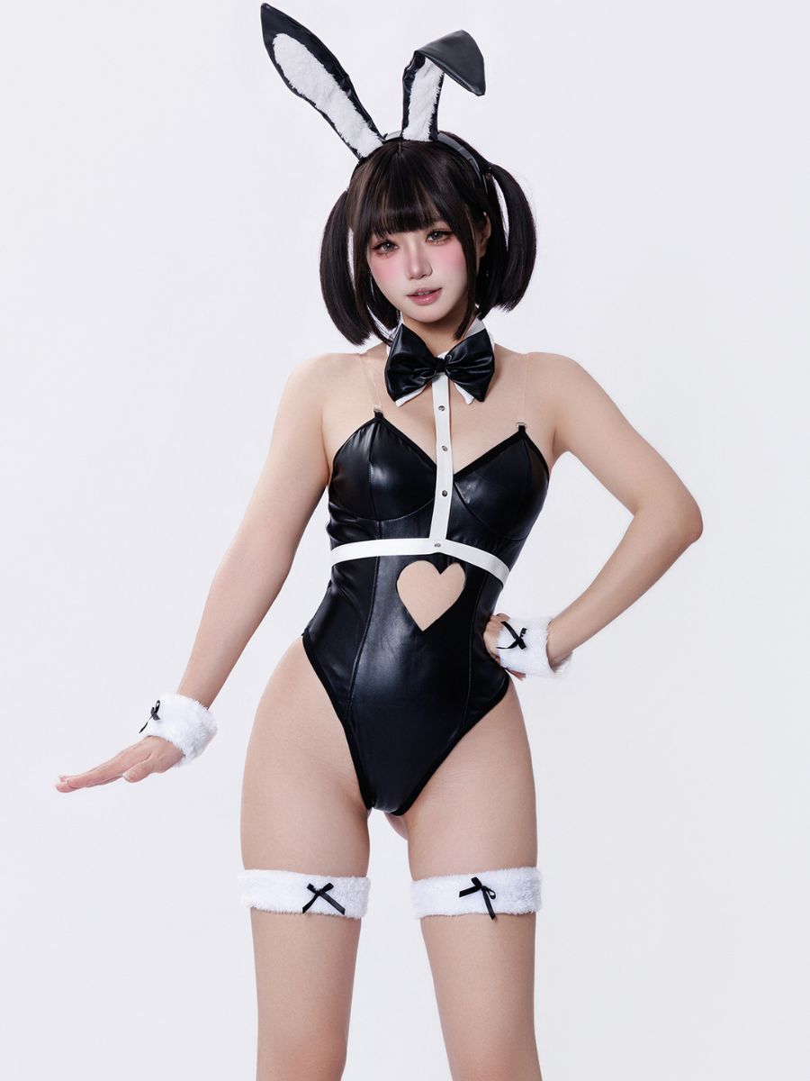 Sexy Faux Leather Bunny Girl Costume Kawaii Heart Cutout Teddy Lingerie Set