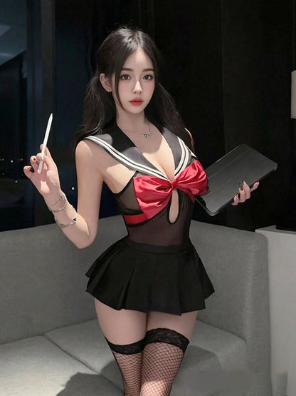 Japanese Schoolgirl Cosplay Costume Anime Sailor Mesh Bodysuit with Mini Skirt