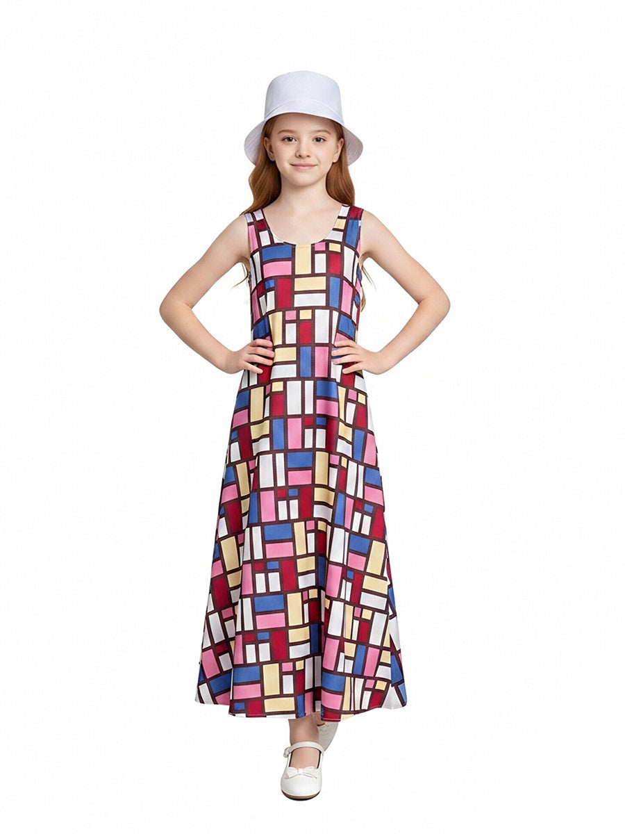 The Devil Wears Prada 2 Andy Sachs Costume Colorful Geometric Print Sleeveless Maxi Dress with Hat 