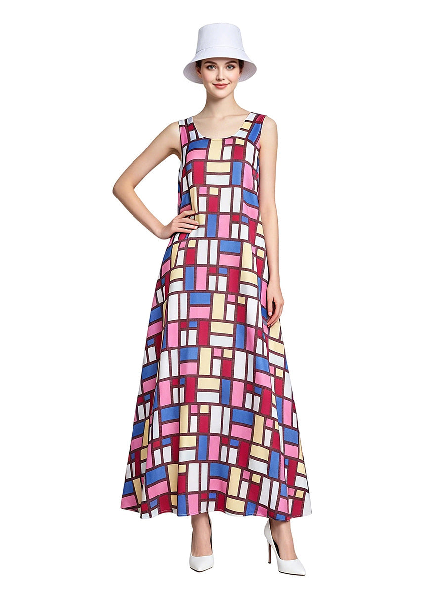 The Devil Wears Prada 2 Andy Sachs Costume Colorful Geometric Print Sleeveless Maxi Dress with Hat 