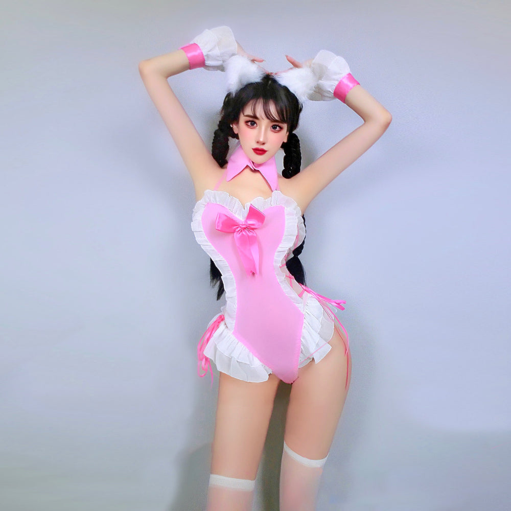 Cute Kitty Costume Halter Lace Up Snaps Crotch Cat Cosplay Bodysuit